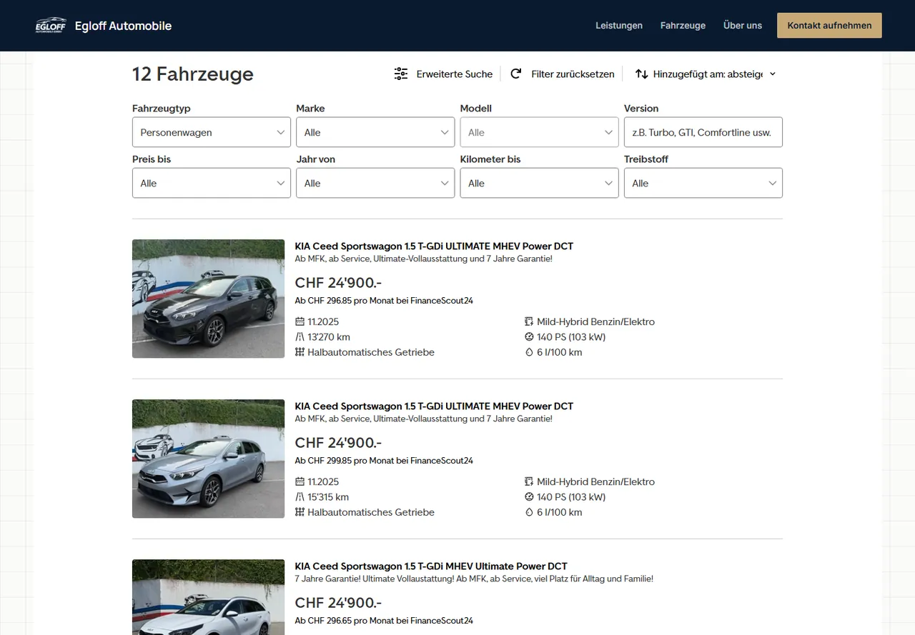 Fahrzeugverkauf auf der Website von Egloff Automobile: Occasionen mit Filter, Preisen und Details